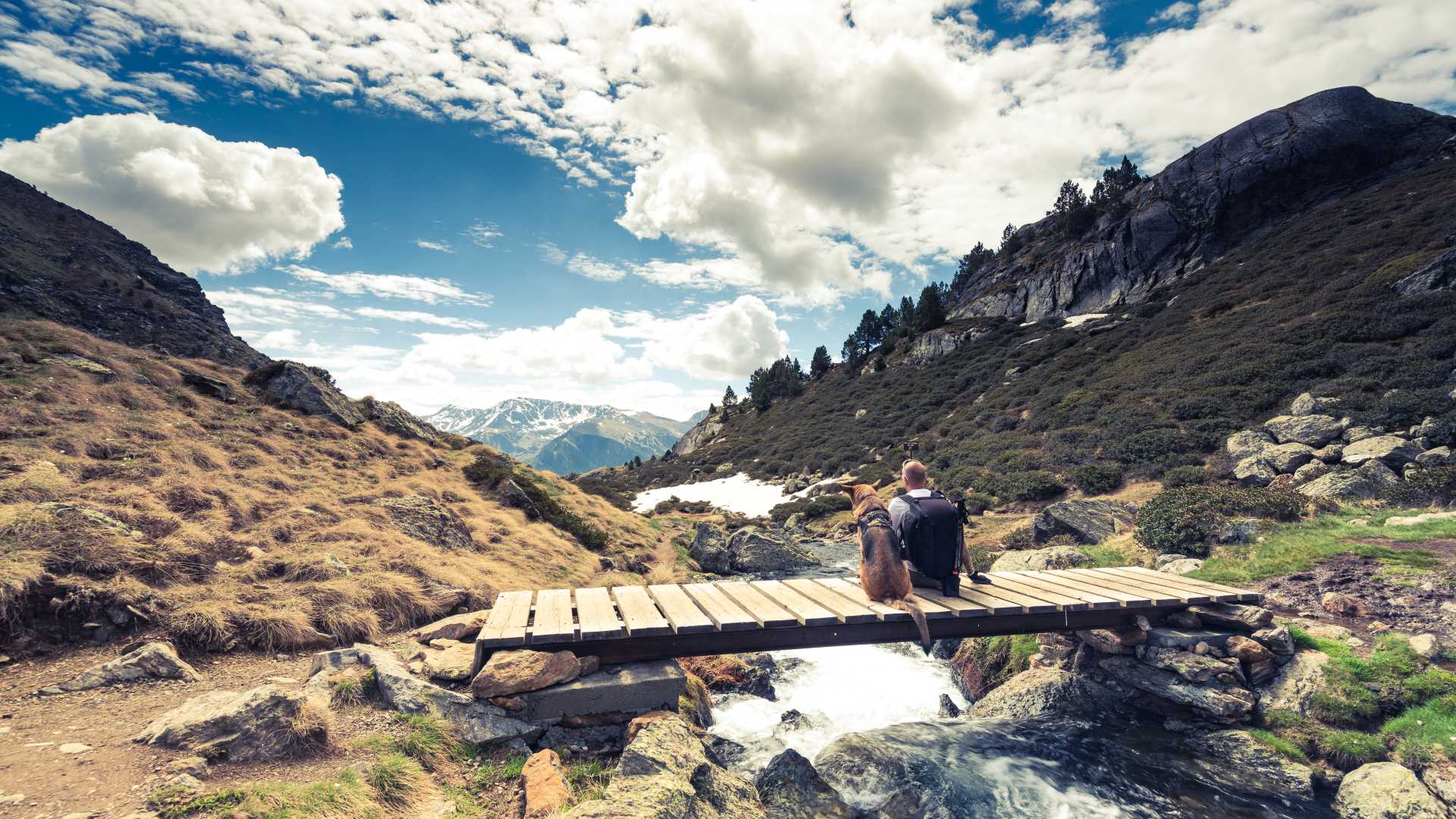 Un randonneur et son chien se reposent sur un pont en bois, contemplant les montagnes pittoresques d'Andorre sous un ciel radieux.