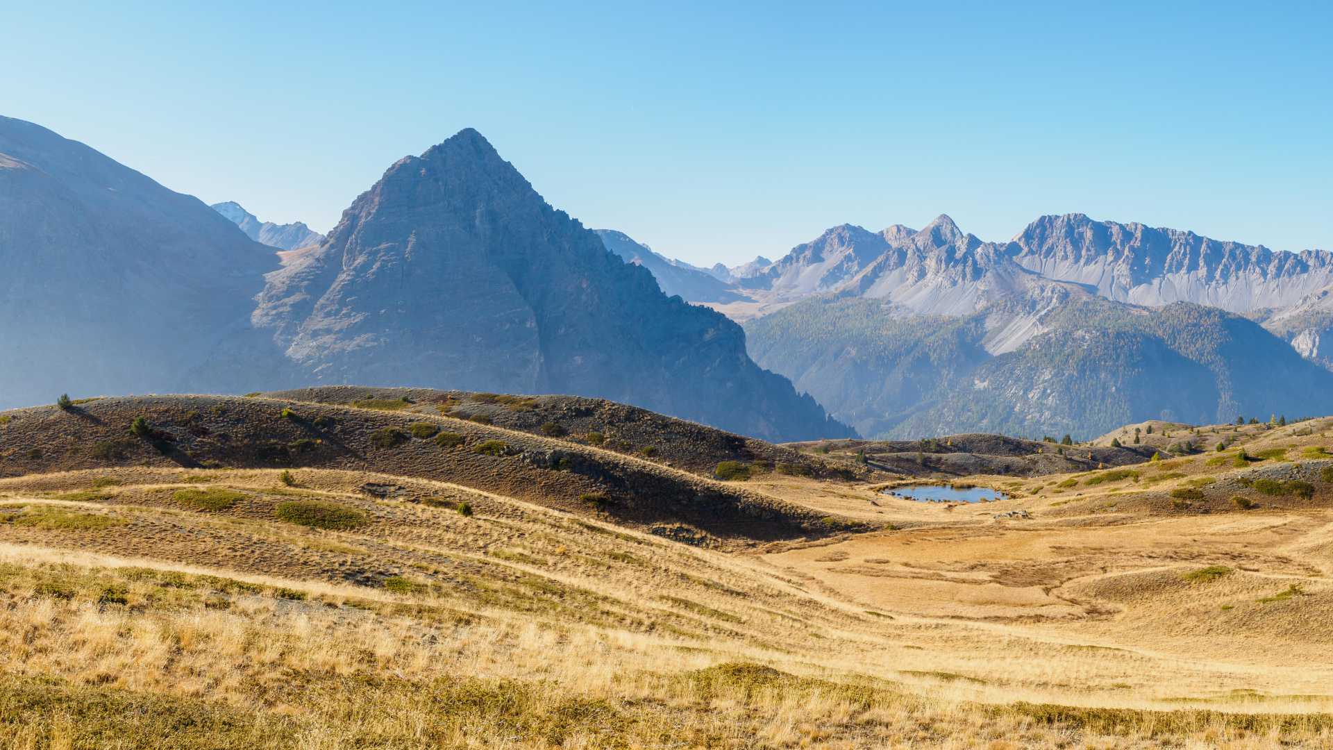 Campos dorados se extienden hacia picos escarpados en el Parque Nacional de Écrins, Francia, con un lago sereno enclavado debajo.