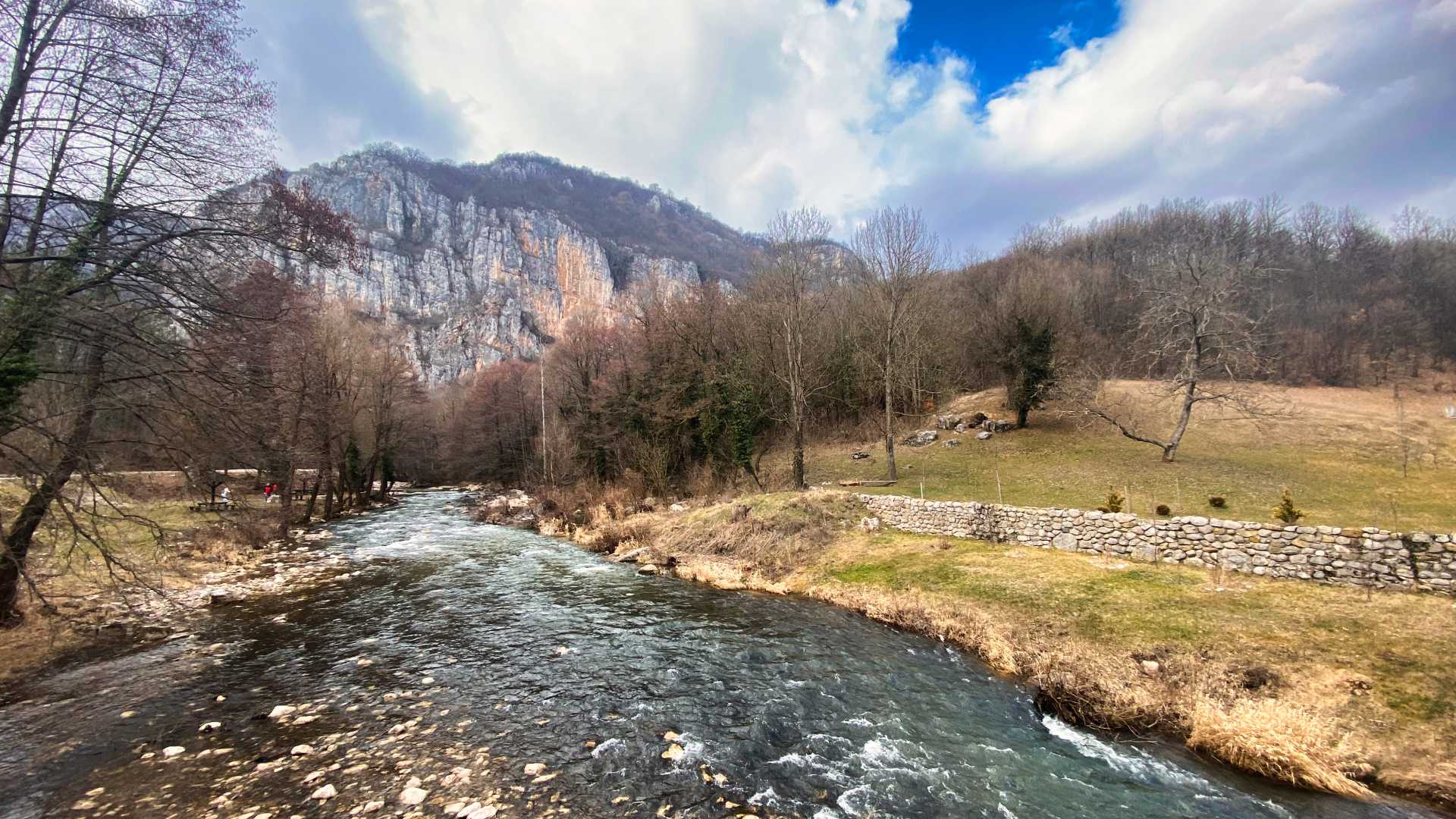 Der Fluss Jerma fließt vorbei an felsigen Klippen und kahlen Bäumen in einer ruhigen serbischen Landschaft.