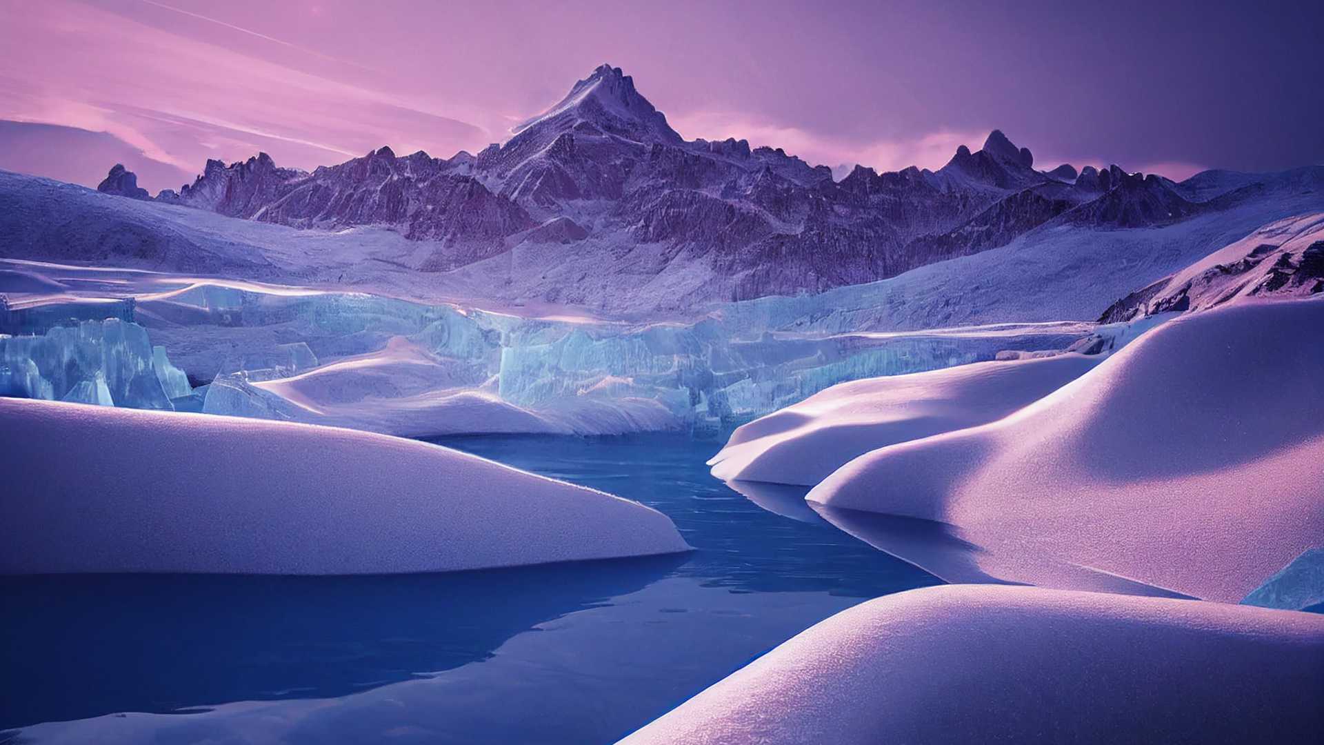 Verschneite Schweizer Alpen mit ruhigen, eisigen Gewässern und majestätischen Gipfeln unter einem violetten Dämmerungshimmel.